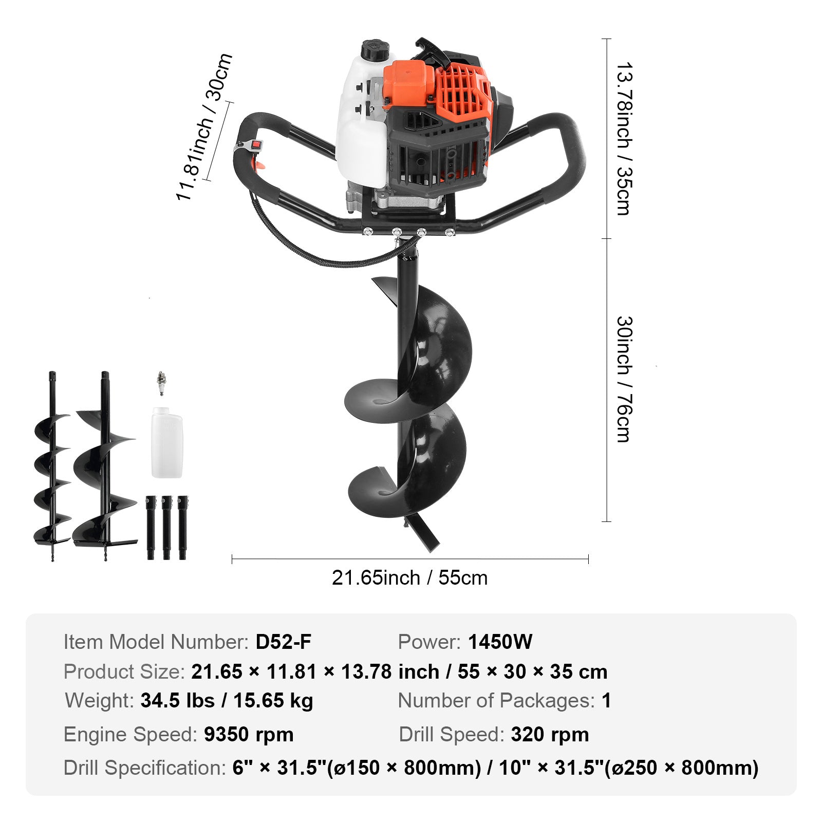 VEVOR Post Hole Digger, 52cc 1450W Auger Post Hole Digger, Gas Powered Earth Digger With Two Earth Auger Drill Bit3 Extension Rods, For Farmland, Garden And Plant, EPA Certification - Outdoor Chilling