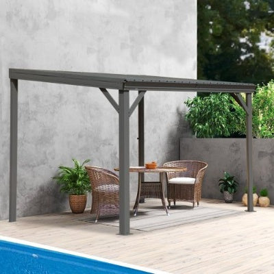 8x10 Lean To Gazebo With Upgraded Drainage System, Wall Mounted Gazebo Hardtop Galvanized Steel Sloping Roof For Patio Deck Lawn Party Gray - Outdoor Chilling