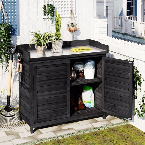 Outdoor 39 Inch Potted Table, Rustic Style Garden Wooden Workbench, Storage Cabinet, Garden Shed, With 2 Shelves And Side Hooks, Black - Outdoor Chilling
