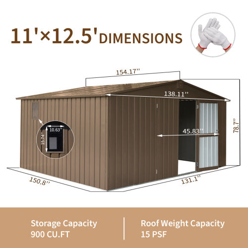 Storage Shed 11 X 12.5 With Galvanized Steel Frame & Windows, Outdoor Garden Shed Metal Utility Tool Storage Room With Lockable Door For Patio Brown