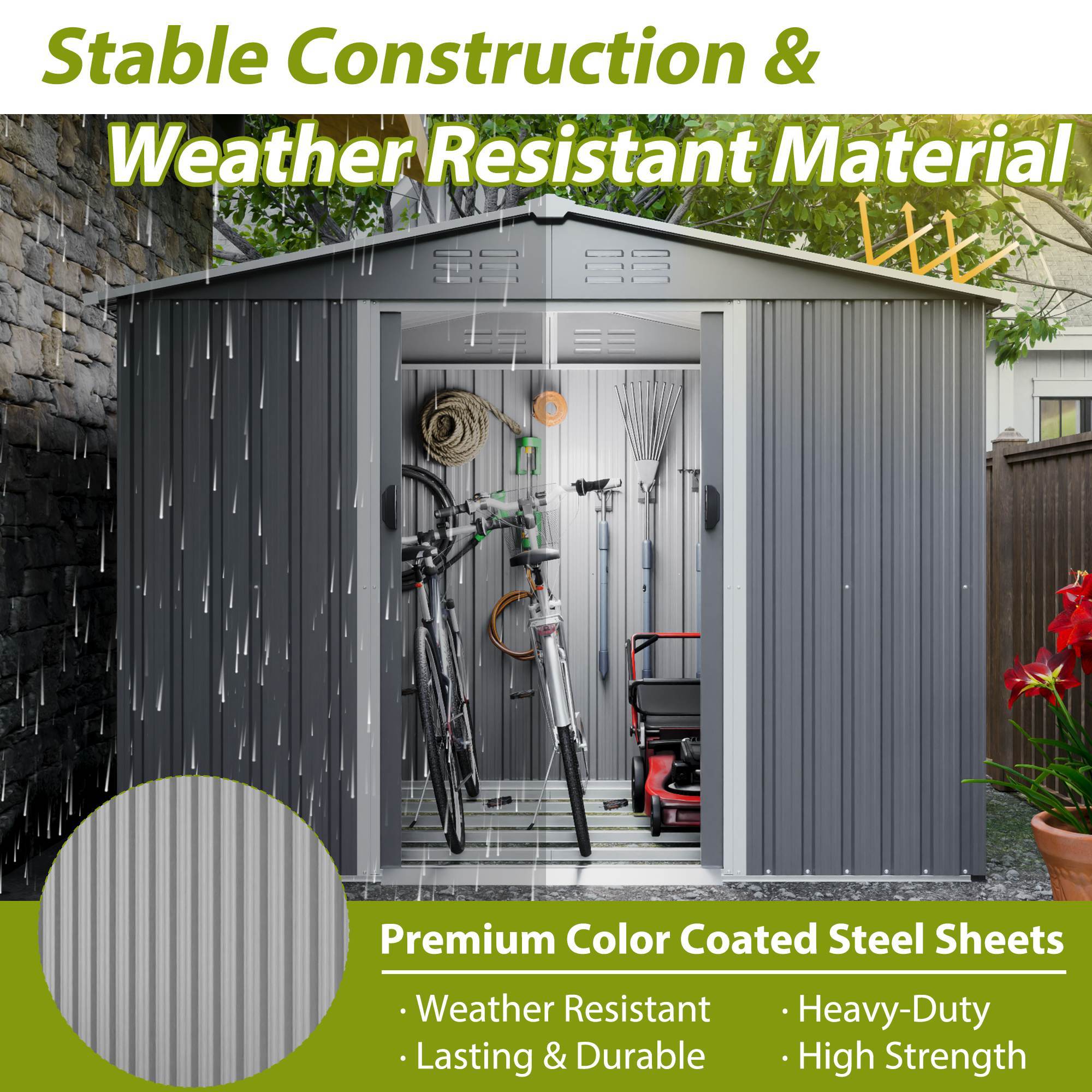 8x6 FT Outdoor Tool Storage Shed With Metal Foundation & Lockable Doors, All Weather Metal Sheds For Garden, Patio, Backyard, Lawn, Gray - Outdoor Chilling