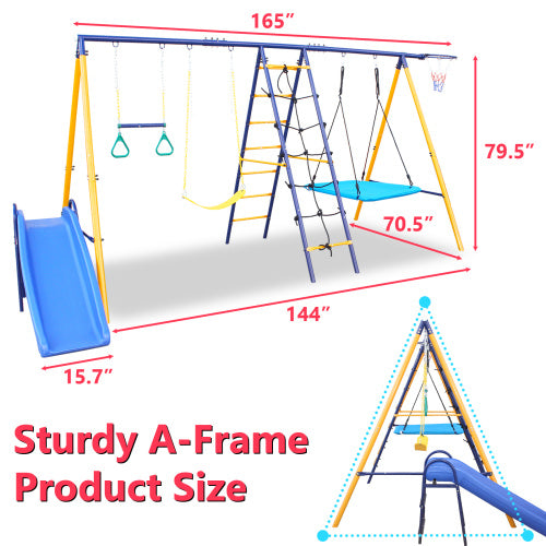 500 Lbs 7 In 1 Swing Set For Kids Outdoor A Frame Heavy Metal Swing Sets With Slide 2 Swing Seats 1 Climbing Net Ladder 1 Gym Ring 1 Basket - Outdoor Chilling