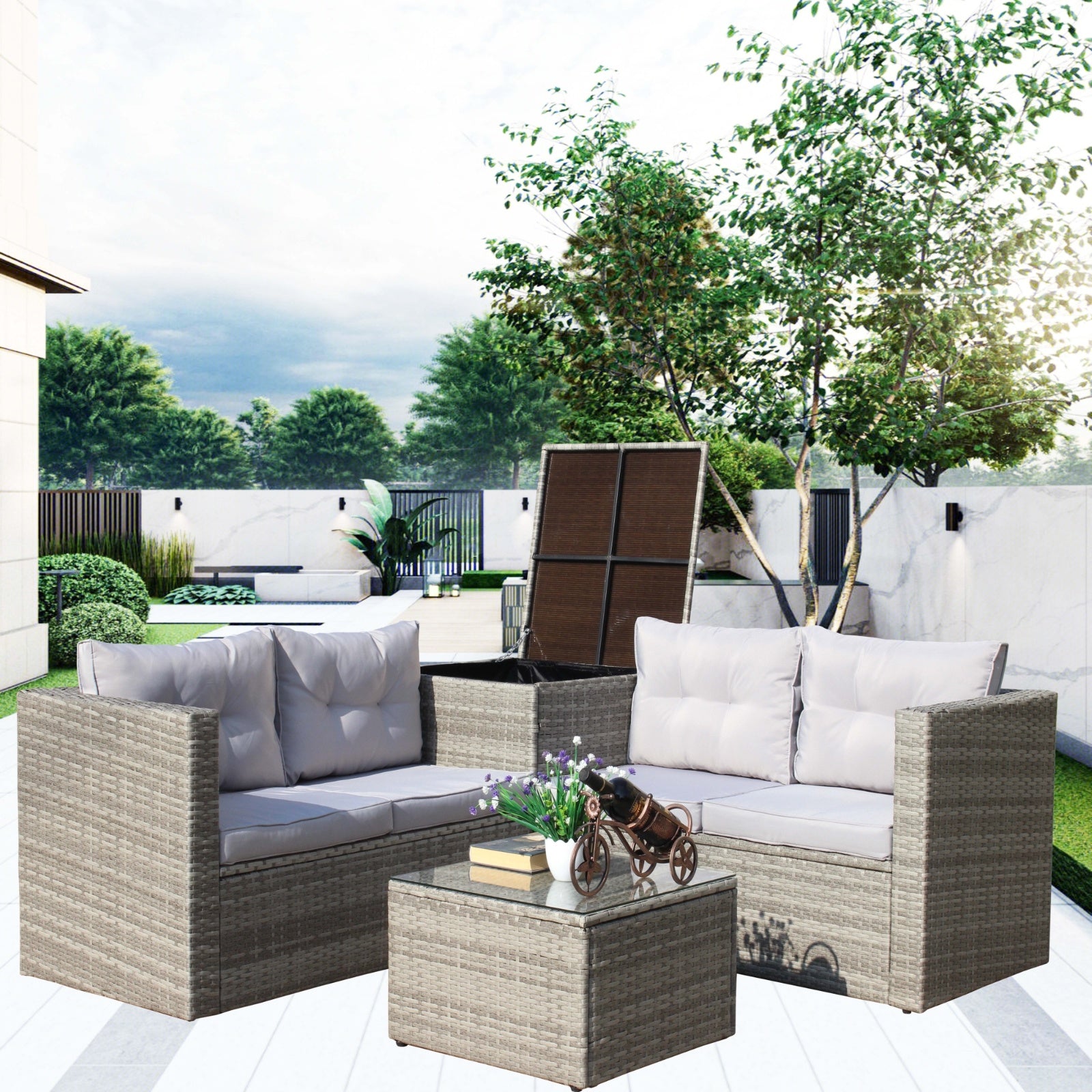 4Pc Patio Sectional Wicker Rattan Sofa Set W/Storage Box Grey - Outdoor Chilling