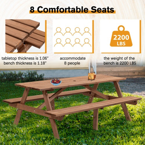 8 Person Brown Wooden Picnic Table, Outdoor Camping Dining Table With 2 Seats, Garden, DIY With 2 Built-in Benches, 2220lb Capacity - Outdoor Chilling