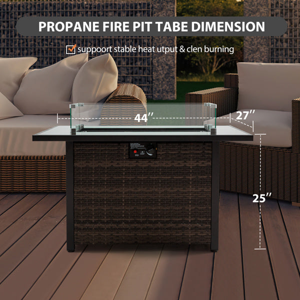 Outdoor Fire Pit 50000 BTU Propane Gas Fire Table With Lid Fireplace With Glass Windproof Willow Base Suitable For Gardens, Terraces, Backyards, 44 Inches - Outdoor Chilling