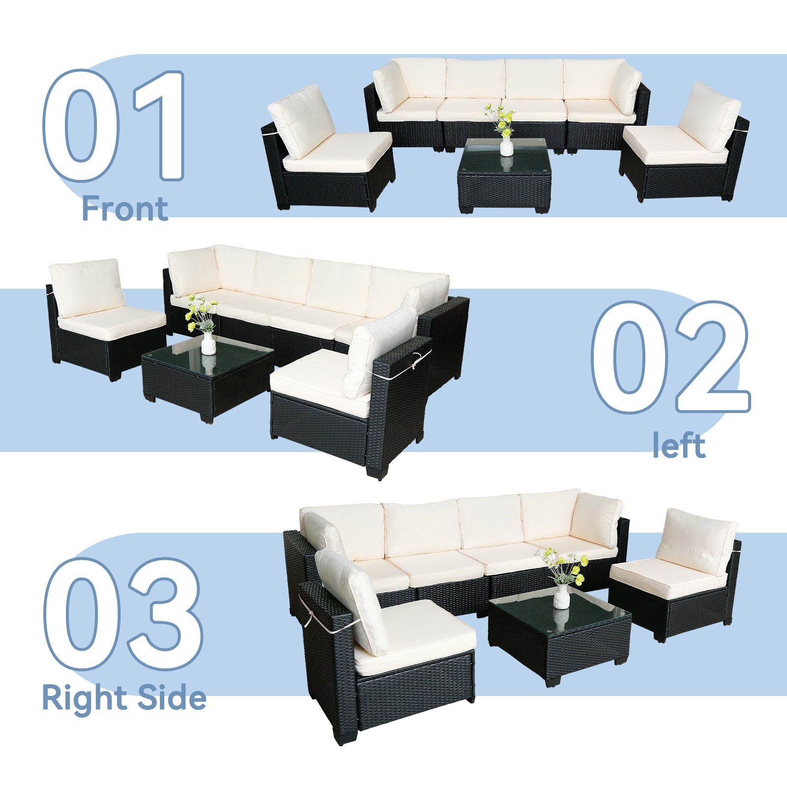 Hot Selling Seven-Piece Sofa Set Table With Sofa Chair Black PE Rattan Outdoor New Design Furniture 7-JH002 Box 3-1-2-3 With White Color Cushion - Outdoor Chilling