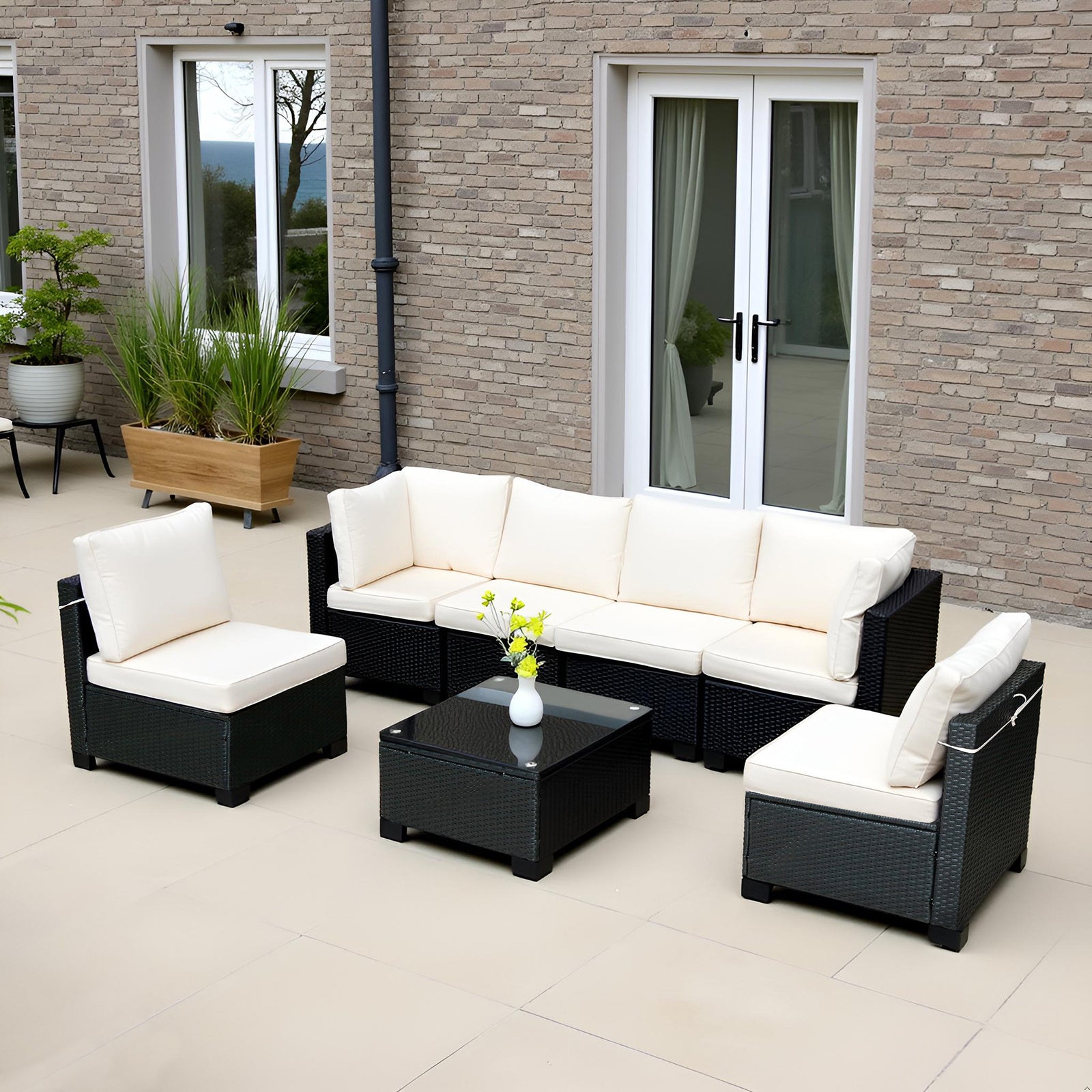 Hot Selling Seven-Piece Sofa Set Table With Sofa Chair Black PE Rattan Outdoor New Design Furniture 7-JH002 Box 3-1-2-3 With White Color Cushion - Outdoor Chilling