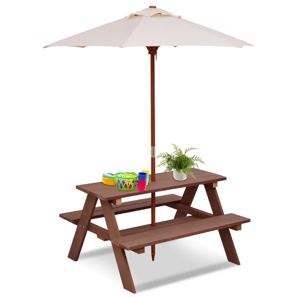 Outdoor 4-Seat Kids Picnic Table Bench Set With Removable Umbrella - Outdoor Chilling