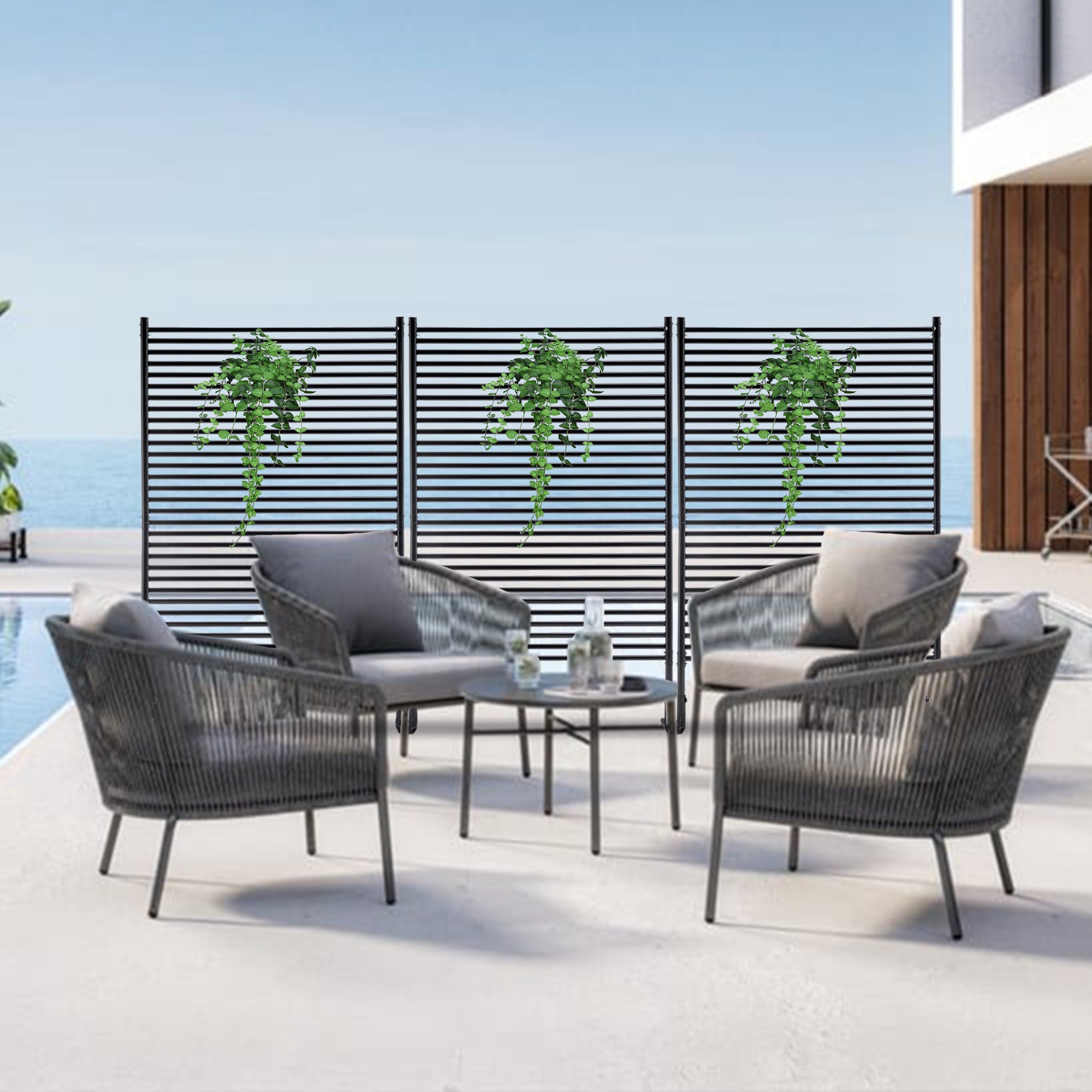 71.26''x46.65'' Outdoor Privacy Screens Freestanding,Metal Privacy Fence Panels For Outside, Slatted Privacy Screens With Stand,Black - Outdoor Chilling