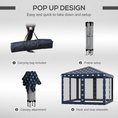 Outsunny 10 X 10 Up Canopy Tent With Netting, Instant Gazebo, Ez Up Screen House Room With Carry Bag, Height Adjustable, For Outdoor, Garden, Patio, American Flag - Outdoor Chilling
