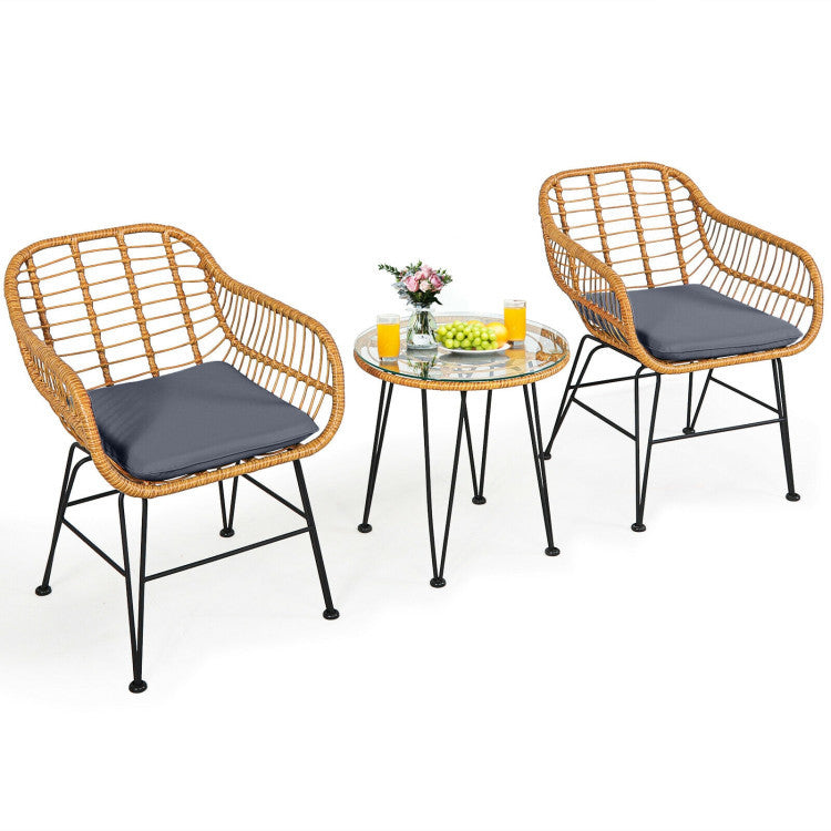 3 Pieces Rattan Furniture Set With Cushioned Chair Table - Outdoor Chilling