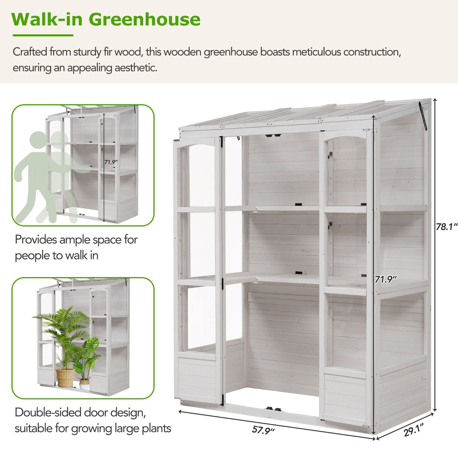 TOPMAX 78-inch Wooden Greenhouse Cold Frame With 4 Independent Skylights And 2 Folding Middle Shelve - Outdoor Chilling