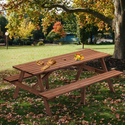 8 Person Brown Wooden Picnic Table, Outdoor Camping Dining Table With 2 Seats, Garden, DIY With 2 Built-in Benches, 2220lb Capacity - Outdoor Chilling