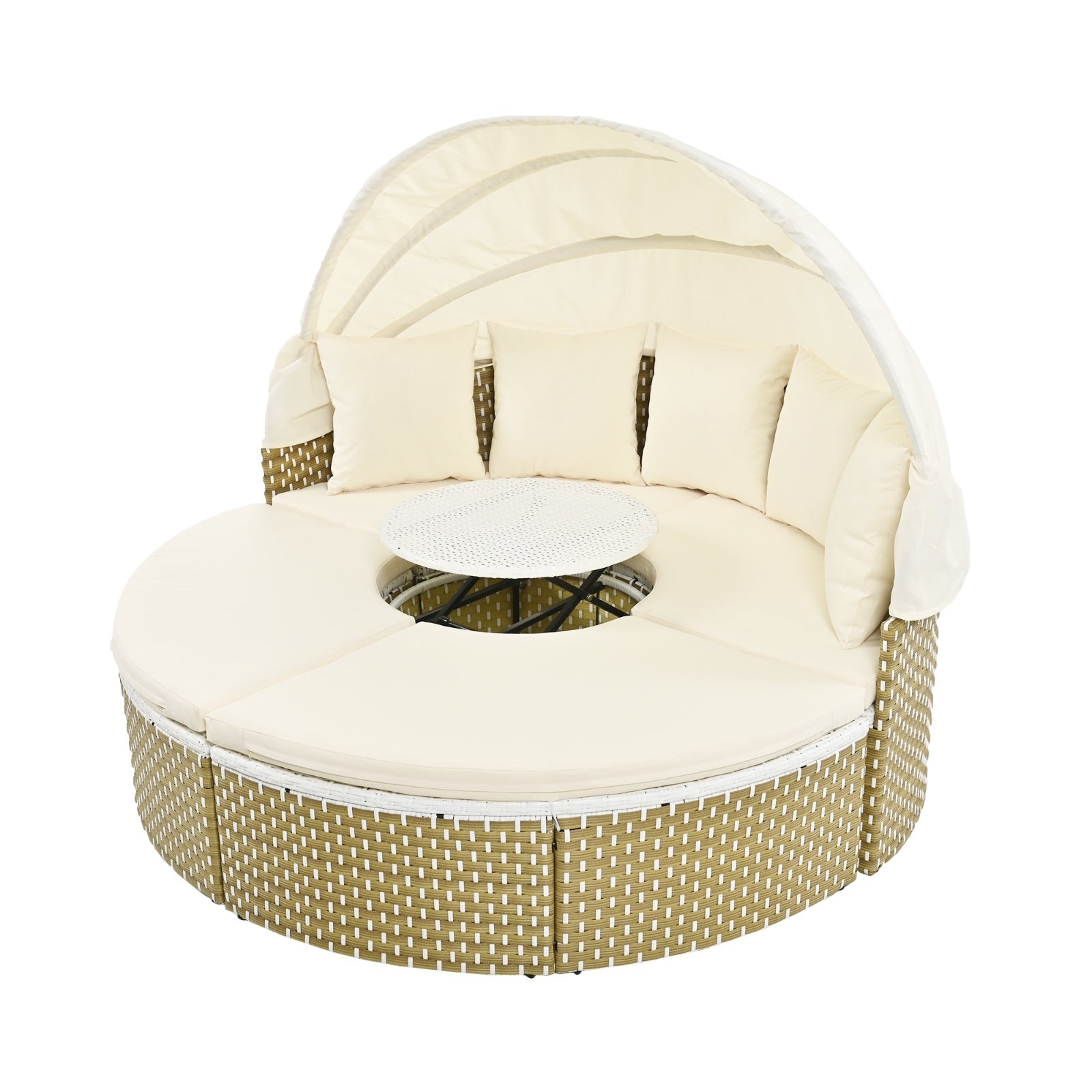 TOPMAX Patio Furniture Round Outdoor Sectional Sofa Set Rattan Daybed Two-Tone Weave Sunbed With Ret - Outdoor Chilling