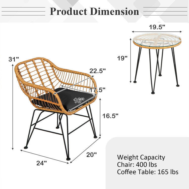 3 Pieces Rattan Furniture Set With Cushioned Chair Table - Outdoor Chilling