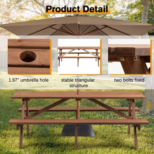 8 Person Brown Wooden Picnic Table, Outdoor Camping Dining Table With 2 Seats, Garden, DIY With 2 Built-in Benches, 2220lb Capacity - Outdoor Chilling