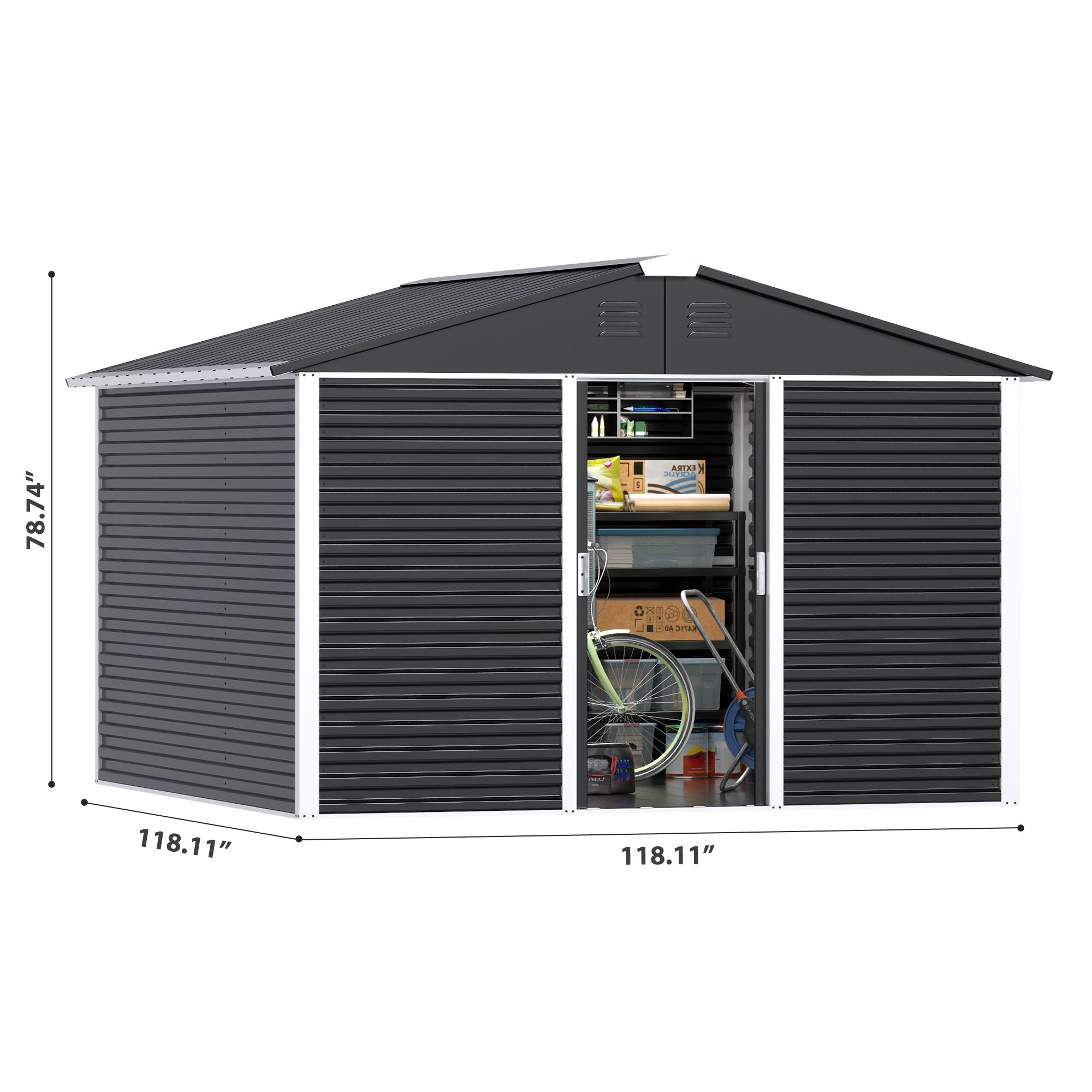 Large-sized Outdoor 10 Ft. W X 10 Ft. D Metal Shed With Sliding Door 60 Sq. Ft. For Garden Patio Lawn, Black - Outdoor Chilling