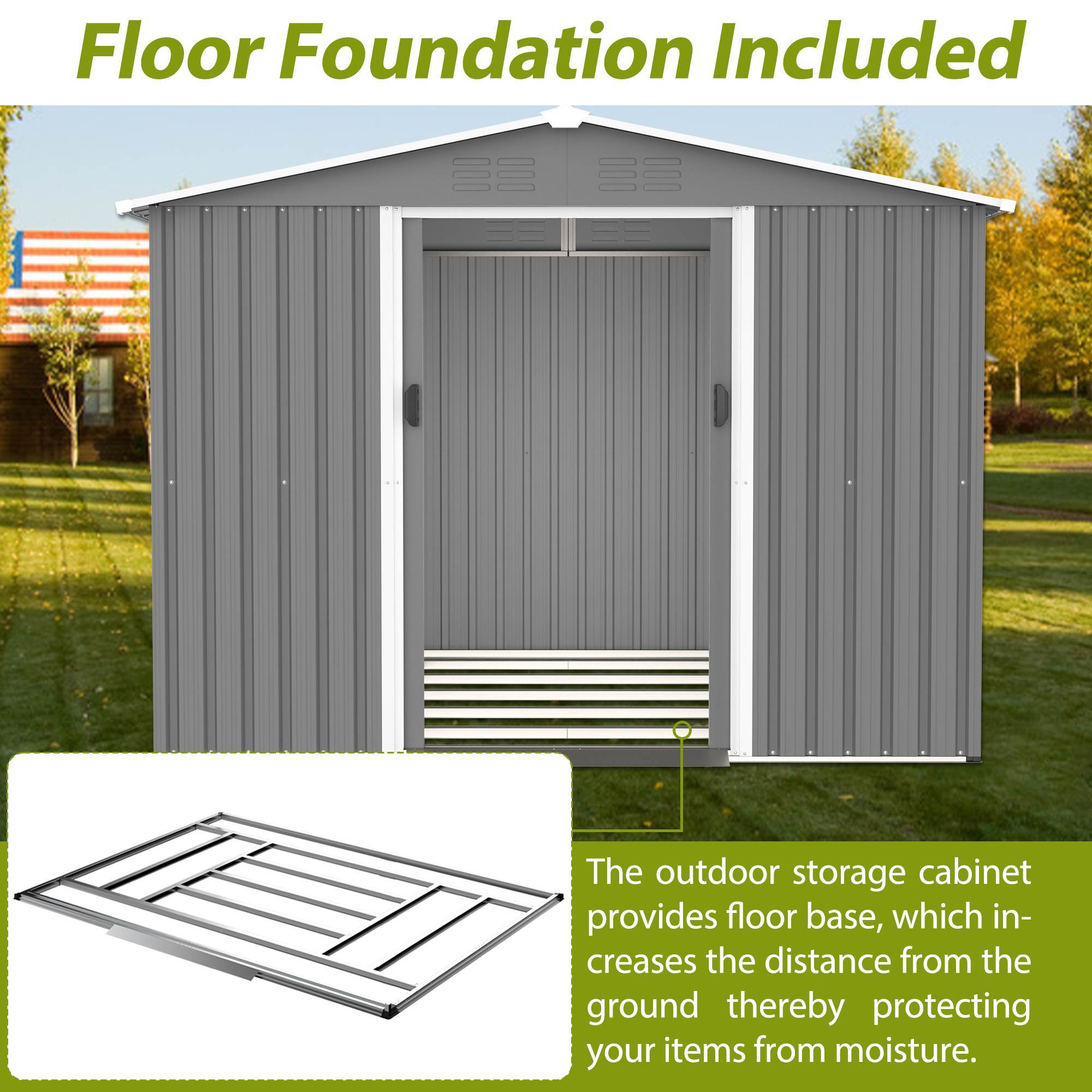 8x6 FT Outdoor Tool Storage Shed With Metal Foundation & Lockable Doors, All Weather Metal Sheds For Garden, Patio, Backyard, Lawn, Gray - Outdoor Chilling