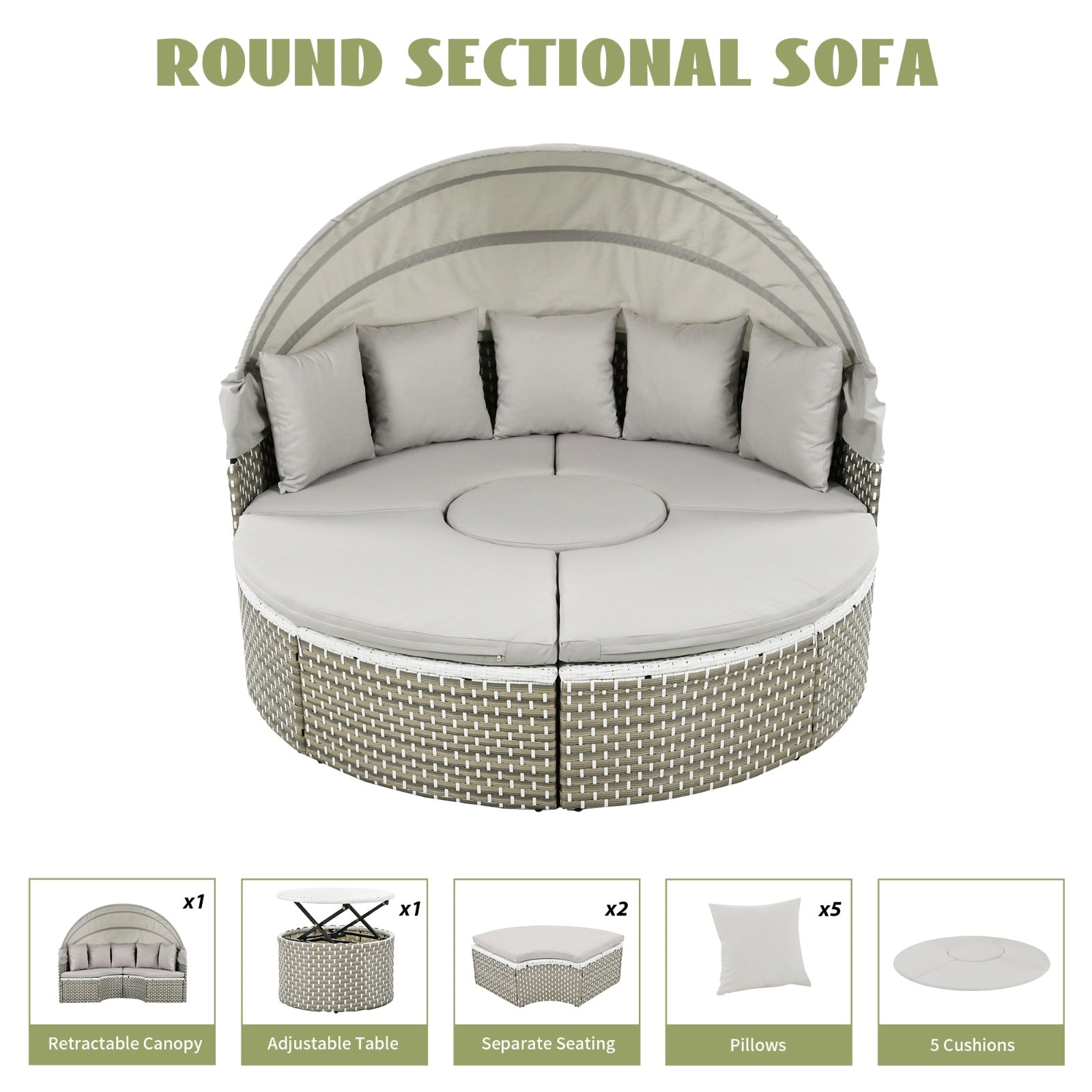 TOPMAX Patio Furniture Round Outdoor Sectional Sofa Set Rattan Daybed Two-Tone Weave Sunbed With Ret - Outdoor Chilling