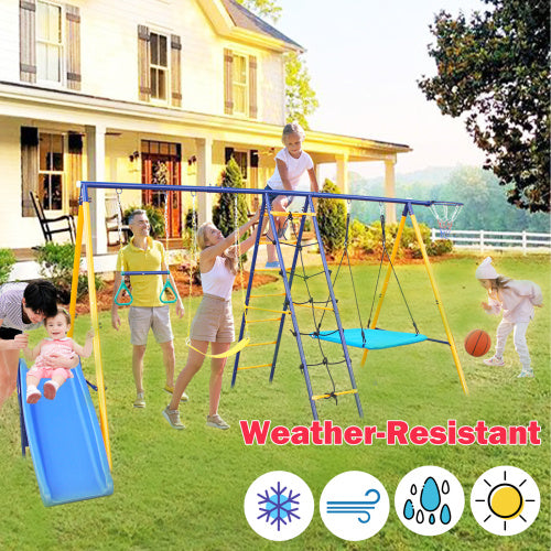 500 Lbs 7 In 1 Swing Set For Kids Outdoor A Frame Heavy Metal Swing Sets With Slide 2 Swing Seats 1 Climbing Net Ladder 1 Gym Ring 1 Basket - Outdoor Chilling