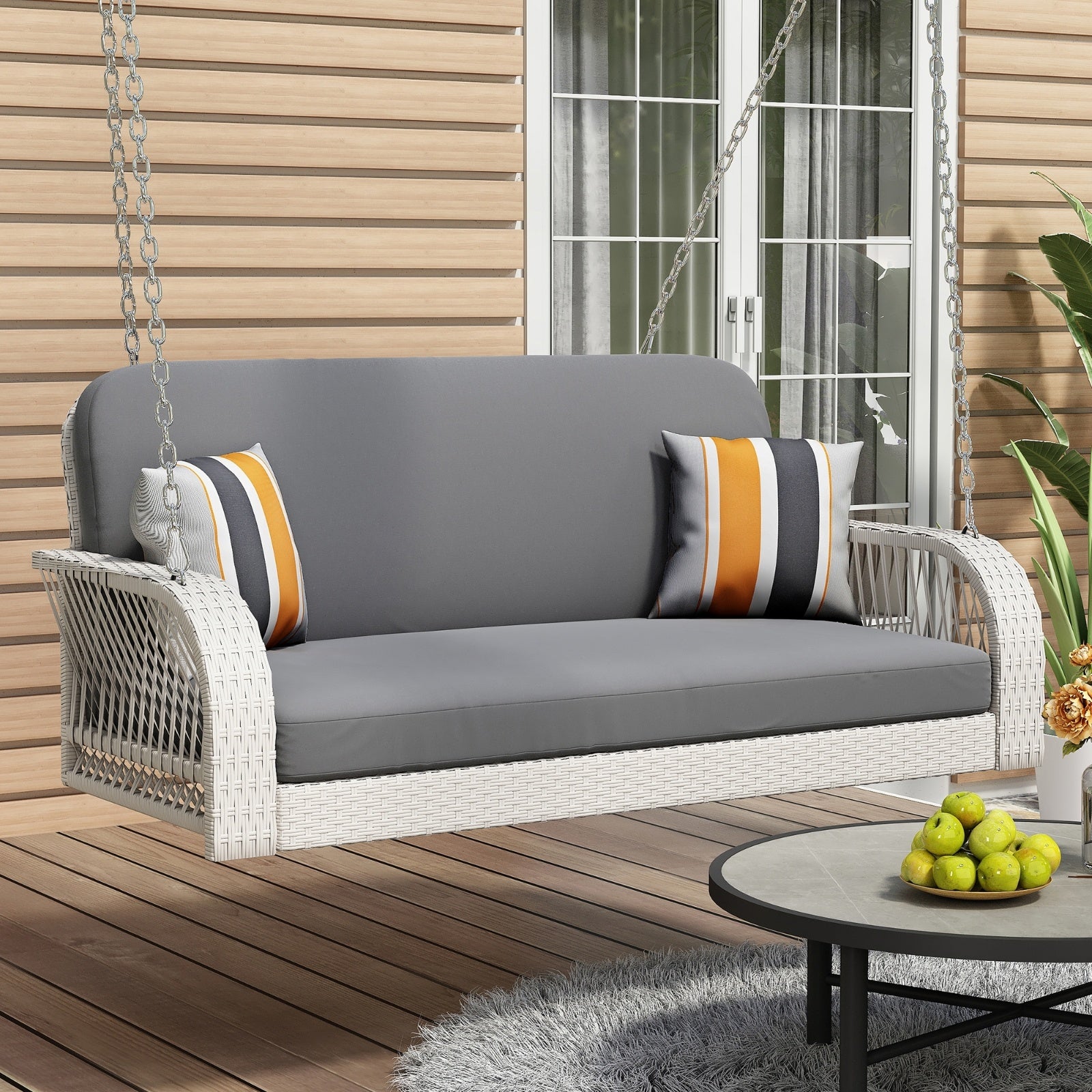 GO PE Wicker Porch Swing, 2-Seater Hanging Bench With Chains, Patio Furniture Swing For - Outdoor Chilling