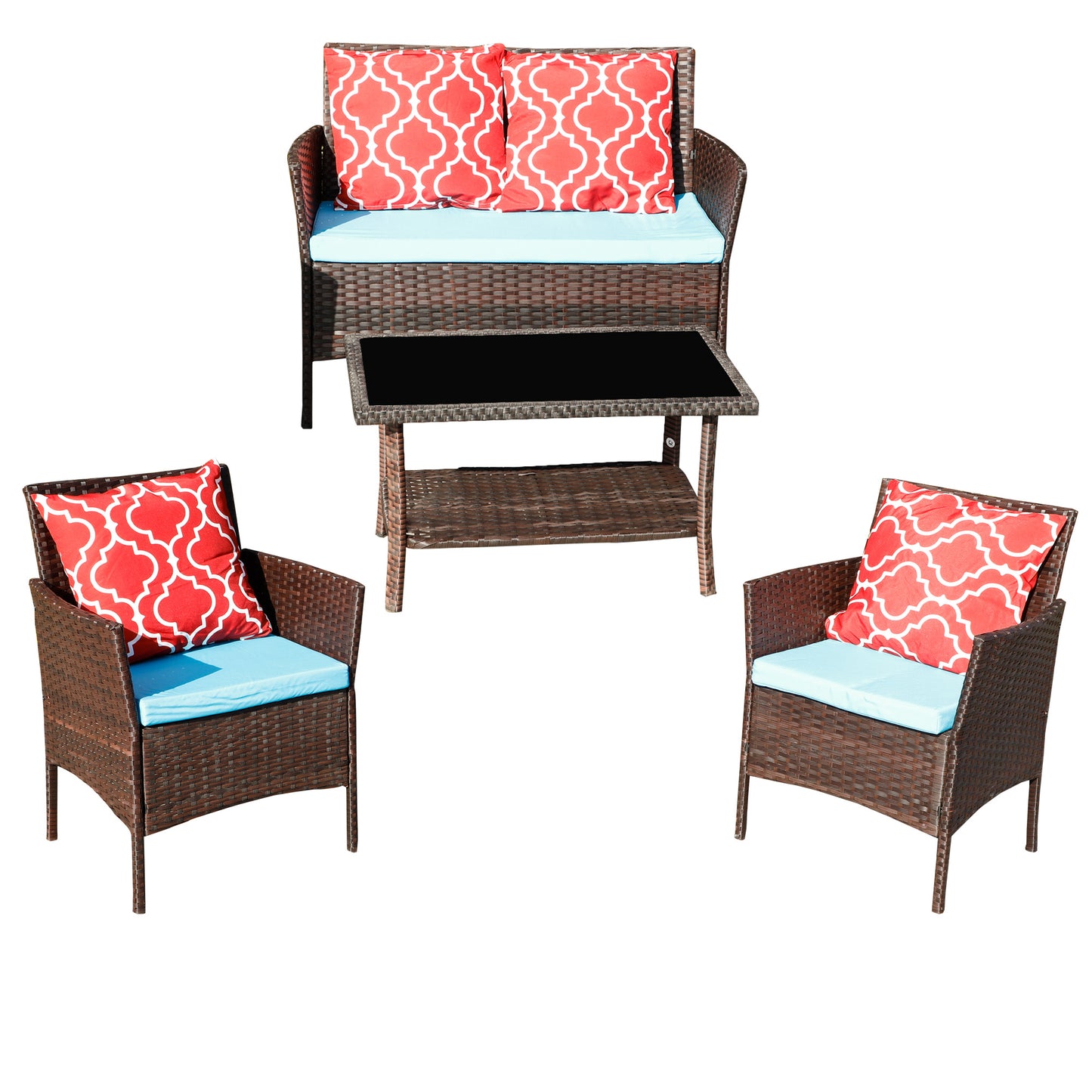 New Design High Quality Four-Piece Sofa Set Table With Sofa Chair PE Rattan Outdoor Furniture W3152P269438 Box 1 With Emerald Green Color Cushion