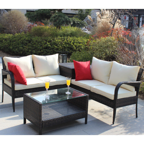 4 Piece Patio Sectional Wicker Rattan Outdoor Furniture Sofa Set With Storage Box Brown - Outdoor Chilling