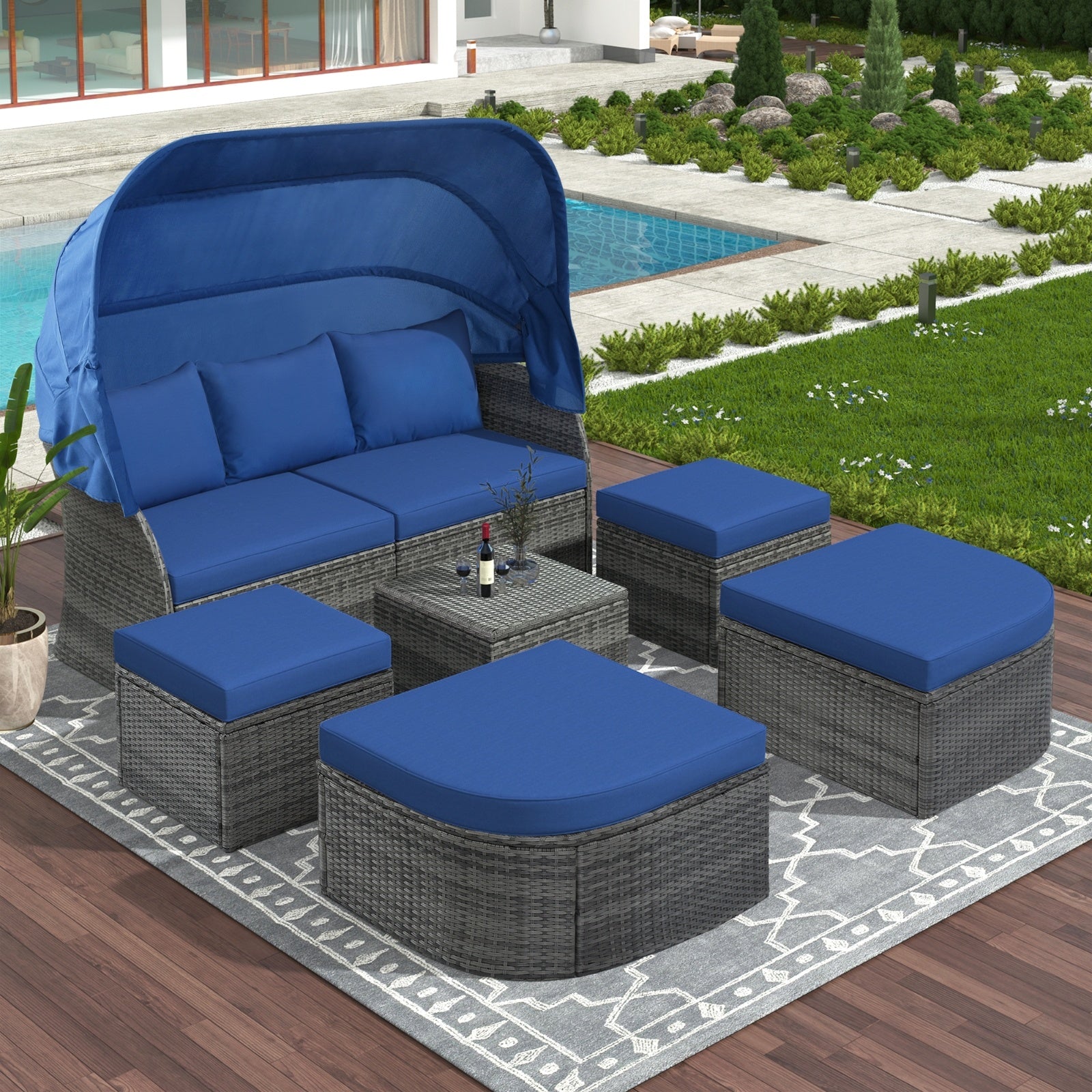 U STYLE Patio Furniture Set Daybed W Retractable Canopy Wicker - Outdoor Chilling