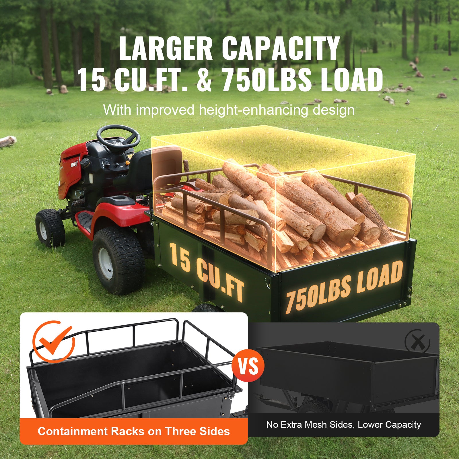 VEVOR Heavy Duty ATV Trailer Steel Dump Cart, 750-Pound 15 Cubic Feet, Garden Utility Trailer With Removable Sides For Riding Lawn Mower Tractor - Outdoor Chilling