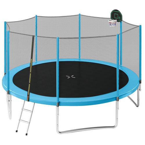 14FT Trampoline For Kids With Safety Enclosure Net, Basketball Hoop And Ladder, Easy Assembly Round Outdoor Recreational Trampoline - Outdoor Chilling