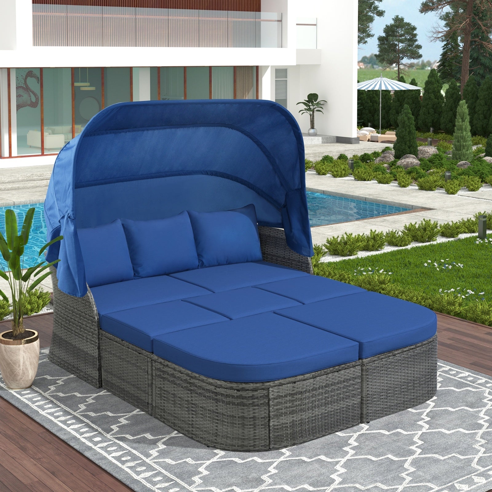 U STYLE Patio Furniture Set Daybed W Retractable Canopy Wicker - Outdoor Chilling