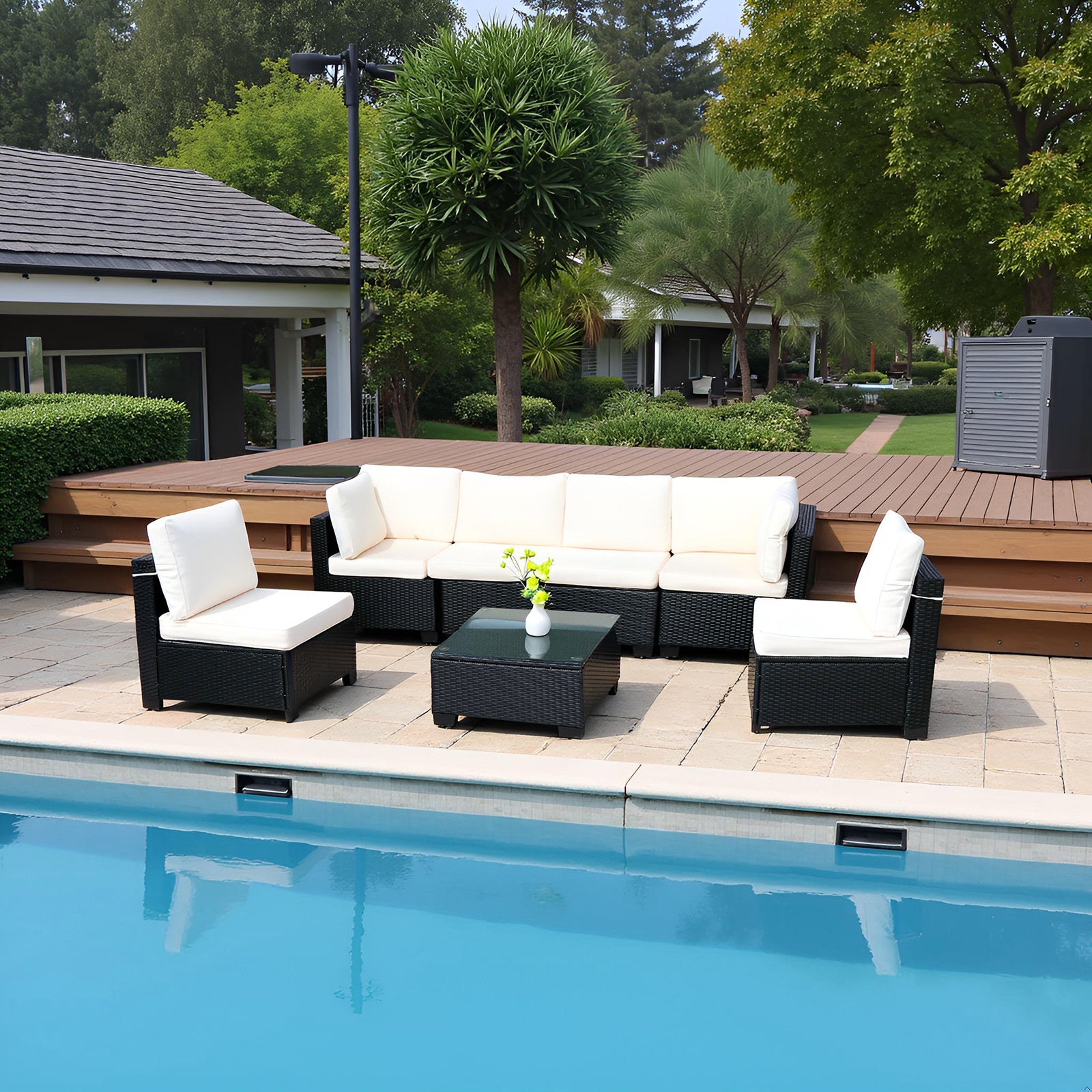 Hot Selling Seven-Piece Sofa Set Table With Sofa Chair Black PE Rattan Outdoor New Design Furniture 7-JH002 Box 3-1-2-3 With White Color Cushion - Outdoor Chilling