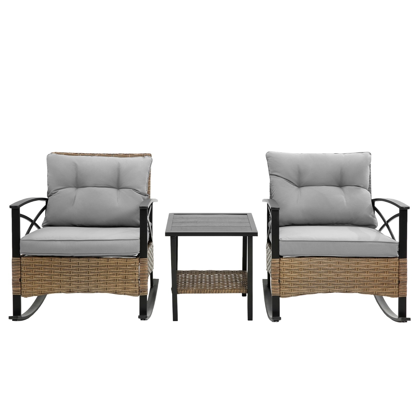 3pcs Rattan Rocking Chair Set Outdoor Leisure Grey - Outdoor Chilling