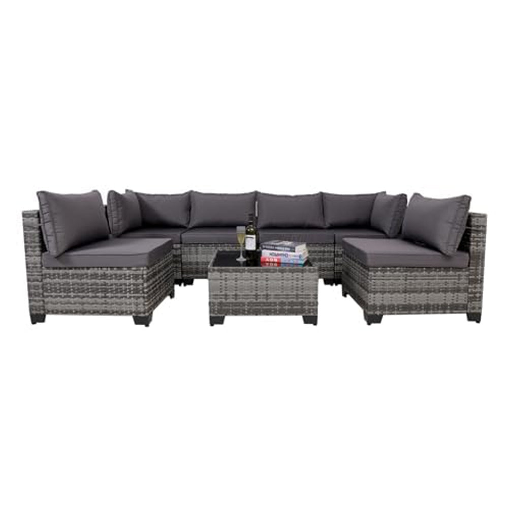7 Pieces Outdoor Rattan Patio Sectional Set, Black Wicker Furniture Conversation Sets With Washable Cushions & Glass Coffee Table For Garden, Poolside, Backyard - Outdoor Chilling