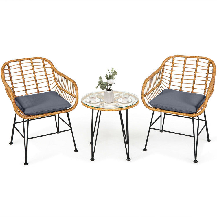 3 Pieces Rattan Furniture Set With Cushioned Chair Table - Outdoor Chilling