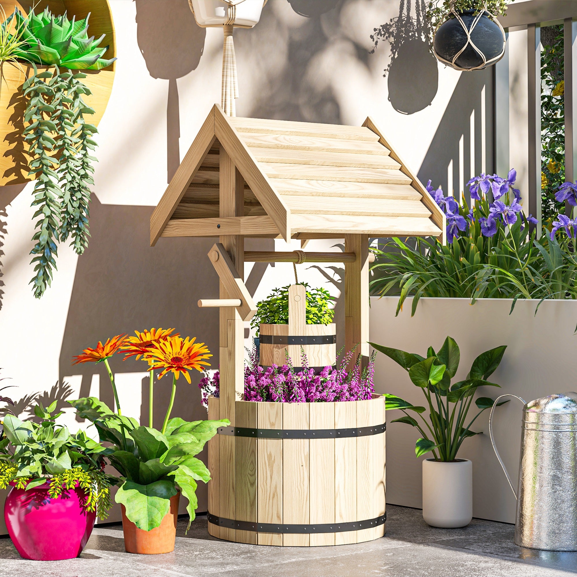 Wood Wishing Well For Outside With Hanging Bucket, Wishing Well Planter With Drain Hole For Garden Patio, Natural