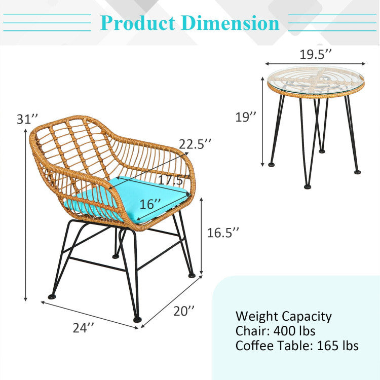 3 Pieces Rattan Furniture Set With Cushioned Chair Table - Outdoor Chilling