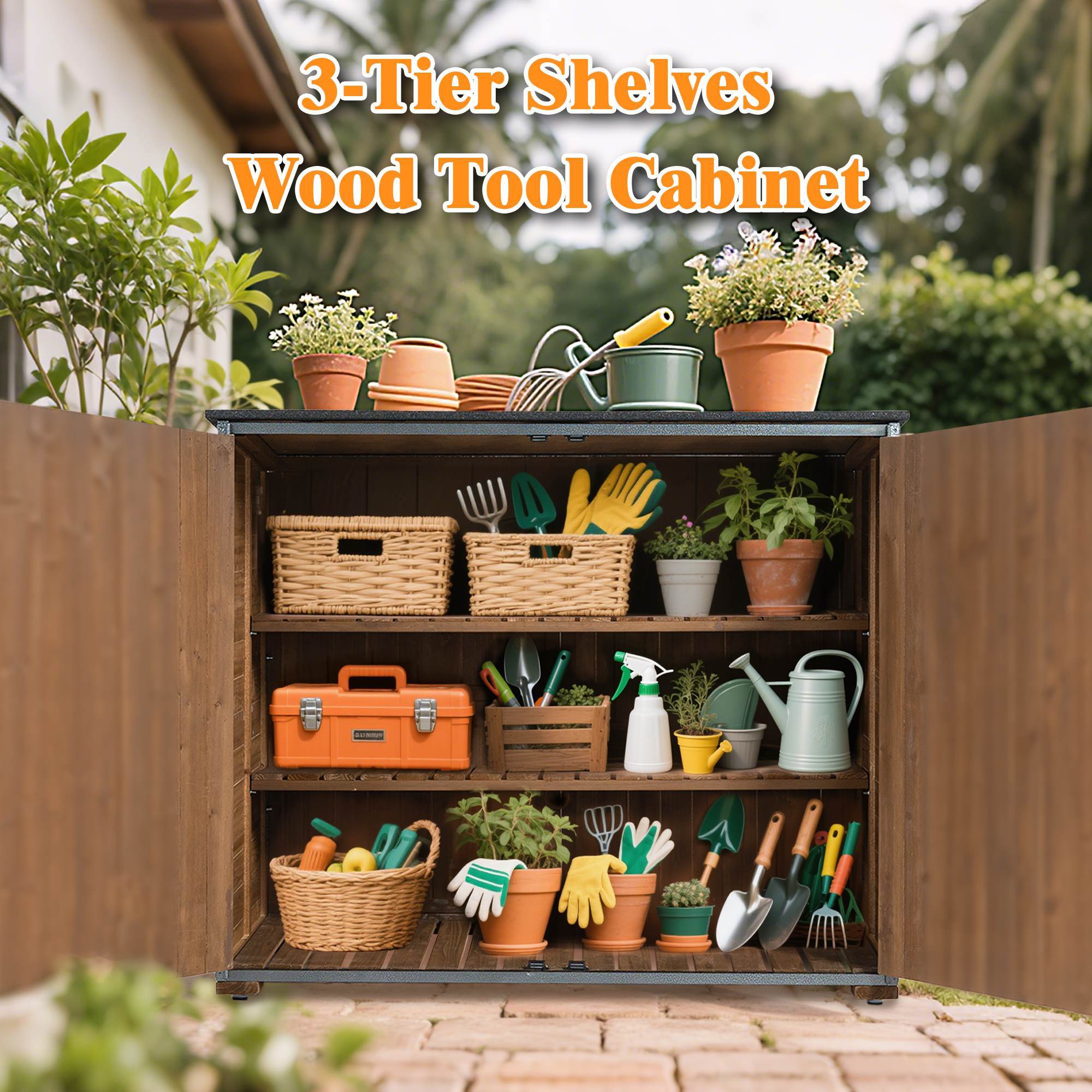 Outdoor Storage Cabinet 50.4L X 26.8W X 41H Ft Garden Shed Tool Shed With Metal Frame Structure For Garden Patio Lawn Brown - Outdoor Chilling