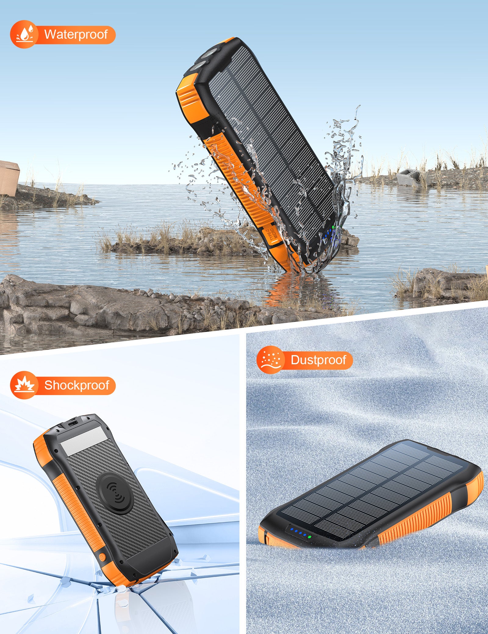 New Product Large Capacity 20000mAh 3 USB C Flashlight Ip67 Waterproof High-speed Wireless Charger Solar Power Bank - Outdoor Chilling