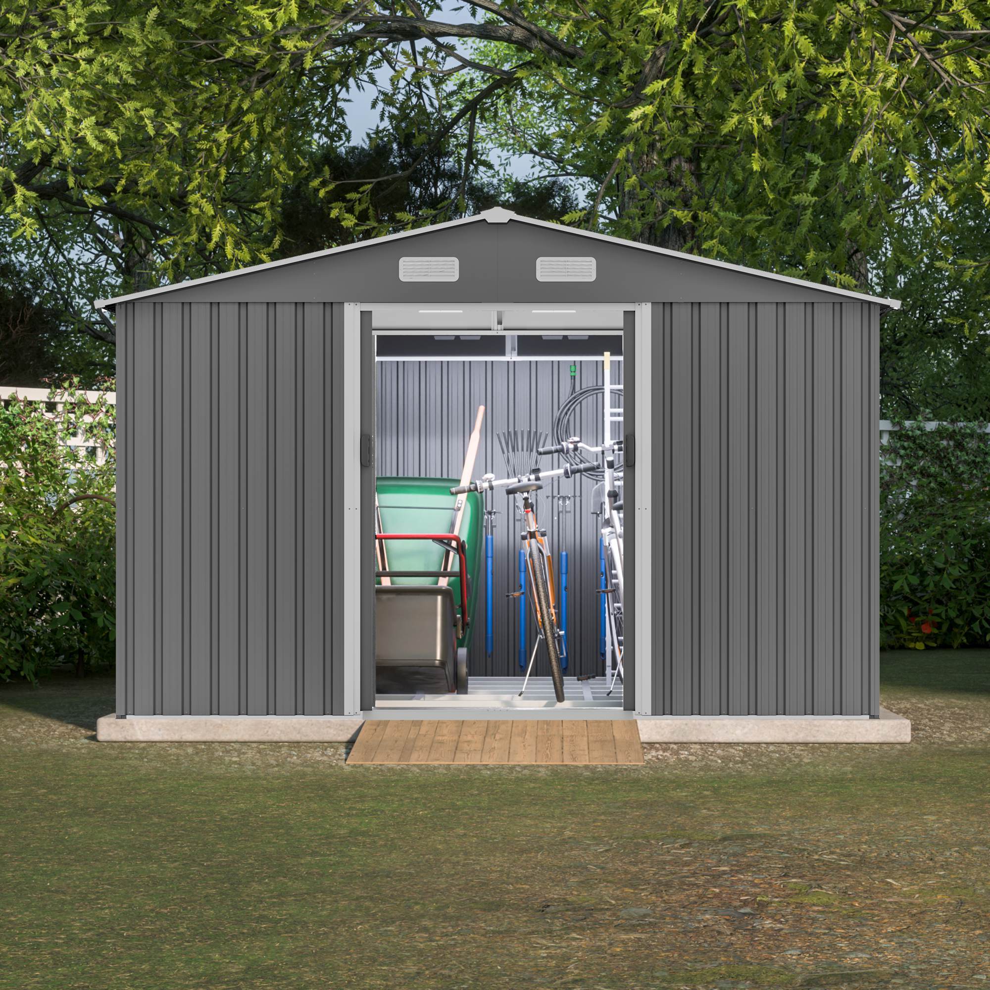 10X8 FT Outdoor Tool Storage Shed With Metal Foundation & Lockable Doors, All Weather Metal Sheds For Garden, Patio, Backyard, Lawn, Gray