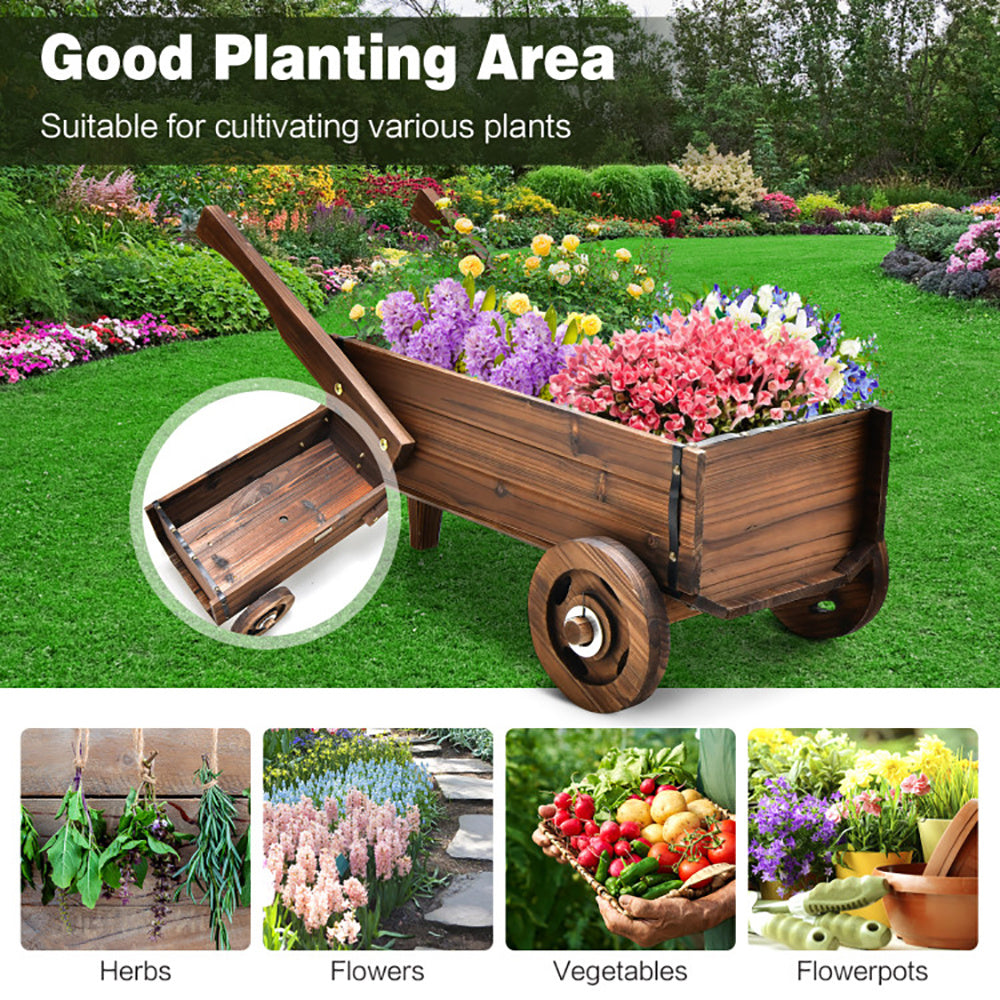 Wooden Wagon Planter Box With Wheels Handles And Drainage Hole - Outdoor Chilling