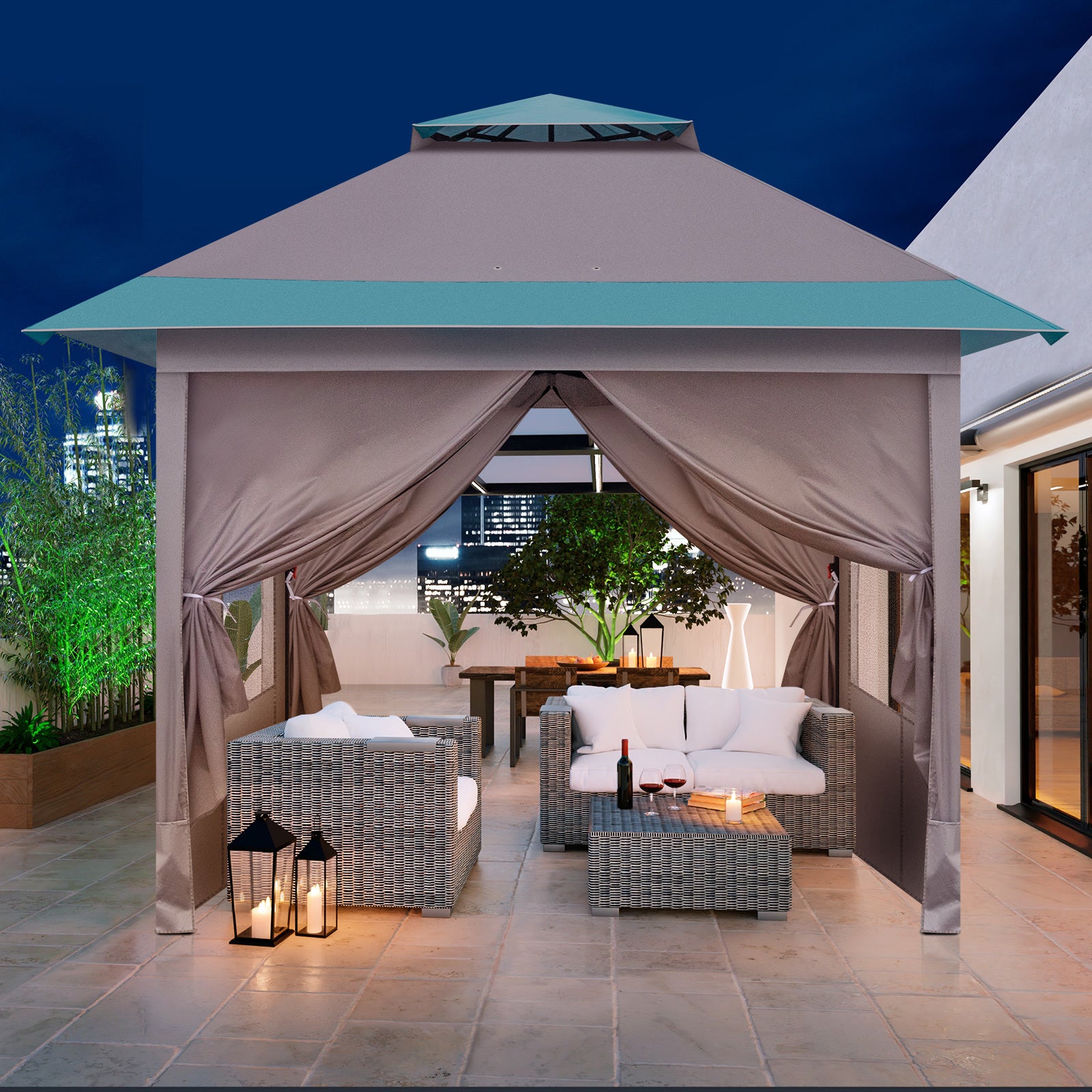 3x3m Light Blue White One Click Open Right Angle Belt With 4 Sides Of Surrounding Cloth, Double Roof Overhanging Eaves, 4 Corners With Sandbags, Folding Shed - Outdoor Chilling
