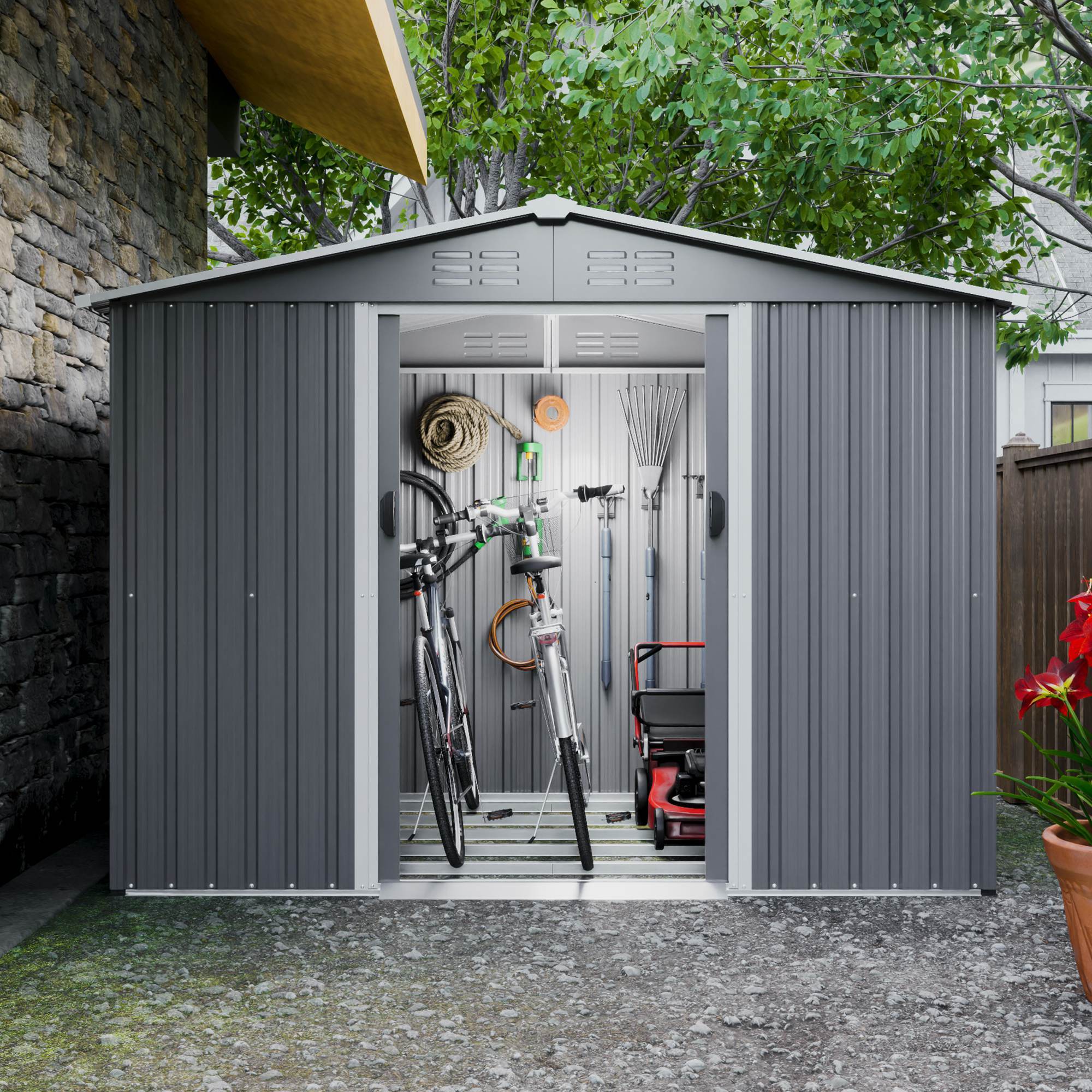8x6 FT Outdoor Tool Storage Shed With Metal Foundation & Lockable Doors, All Weather Metal Sheds For Garden, Patio, Backyard, Lawn, Gray - Outdoor Chilling