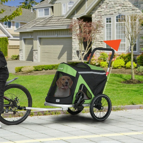 Aosom 2 In 1 Bike Trailer, Foldable Dog Bike Stroller With Aluminum Frame, Quick Release Wheels, Safety Leash, Anti-Slip Mat, Hitch Coupler, Reflectors, Flag For Medium Dogs, Green - Outdoor Chilling