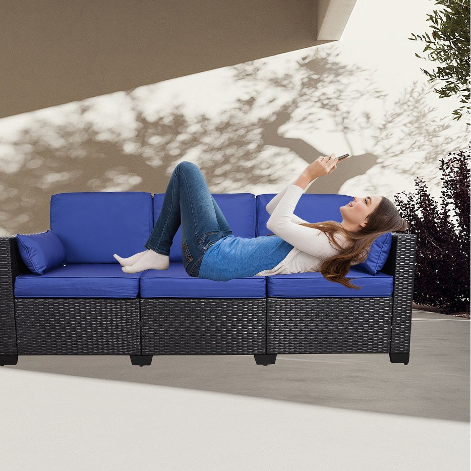 3-Seat Patio Wicker Sofa, Outdoor Rattan Sectional Couch Furniture Steel Frame With Furniture Cover Non-Slip Cushion - Outdoor Chilling