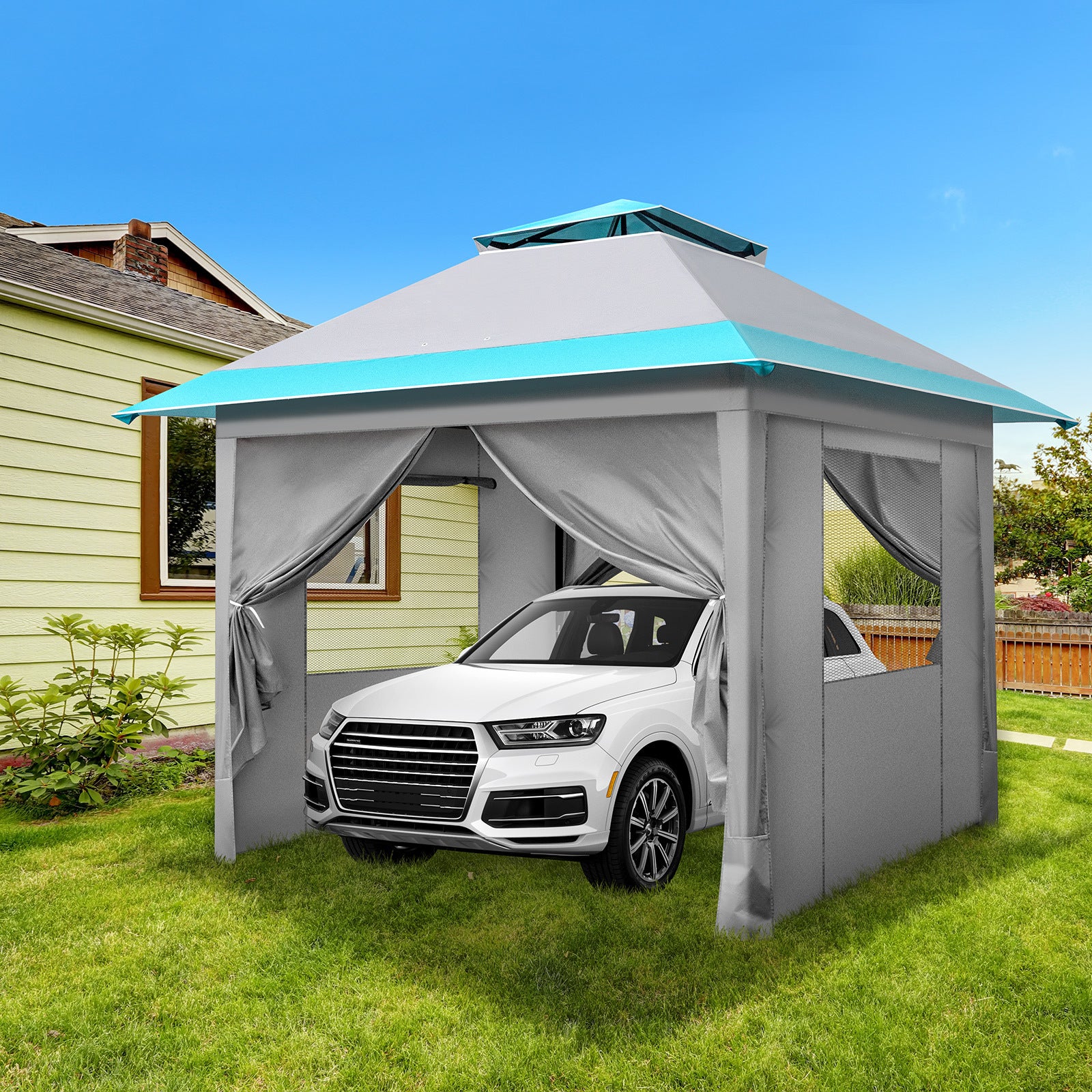 3x3m Light Blue White One Click Open Right Angle Belt With 4 Sides Of Surrounding Cloth, Double Roof Overhanging Eaves, 4 Corners With Sandbags, Folding Shed - Outdoor Chilling