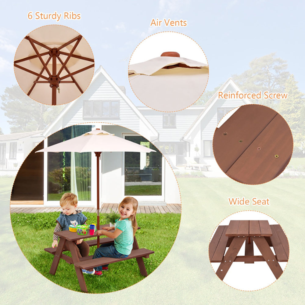 Outdoor 4-Seat Kids Picnic Table Bench Set With Removable Umbrella - Outdoor Chilling