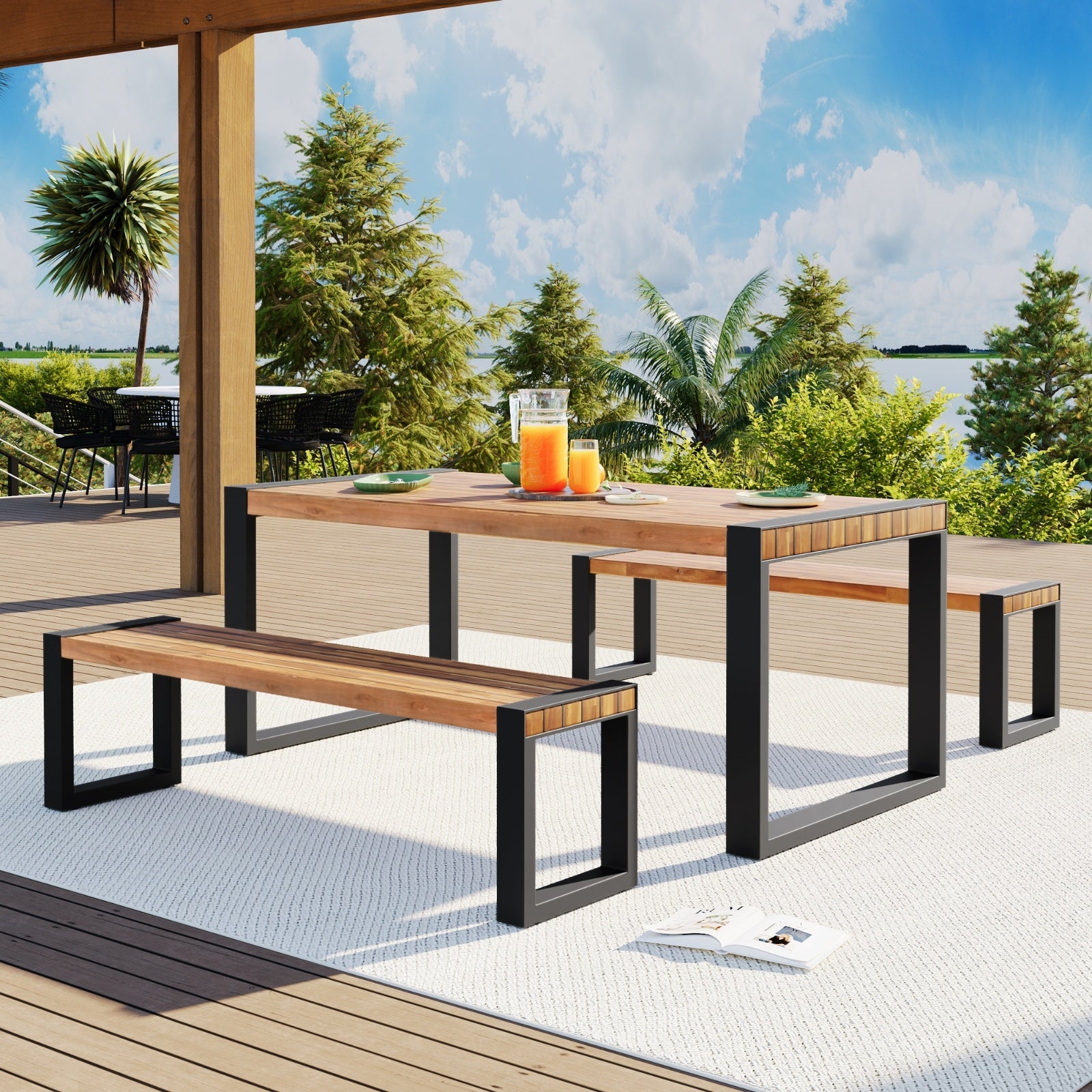 GO 3-pieces Outdoor Dining Table With 2 Benches, Patio Dining Set With Unique Top Texture, Acacia Wo - Outdoor Chilling