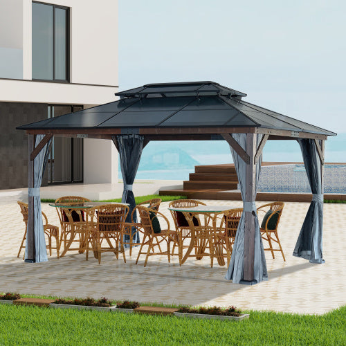 10' X 13' Hardtop Wood Gazebo For Patios, Outdoor Framed Gazebo With Polycarbonate Double Roof Canopy, Solid Wooden Framed Gazebo With Privacy Curtains And Mosquito Nettings For Garden, Backyard - Outdoor Chilling