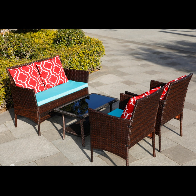 New Design High Quality Four-Piece Sofa Set Table With Sofa Chair PE Rattan Outdoor Furniture W3152P269438 Box 1 With Emerald Green Color Cushion